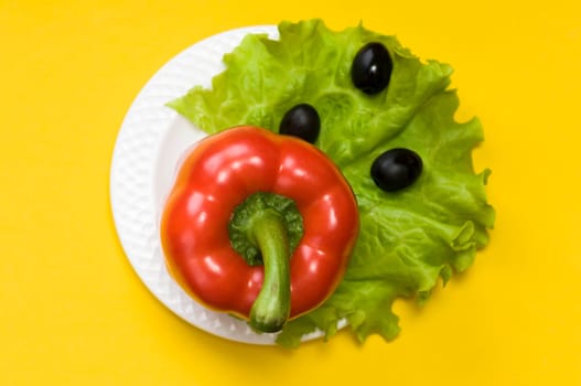 Bell pepper, olives, salad lettuce on white plate on yellow background