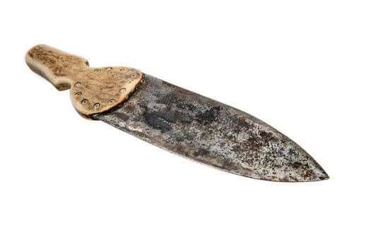 Old Indian hand-forged knife with bone handle isolated on white