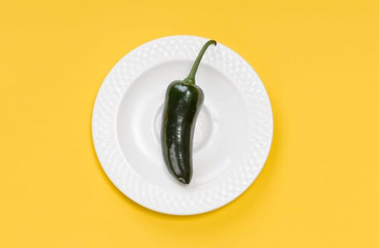 Single green jalapeno pepper on white plate on yellow background