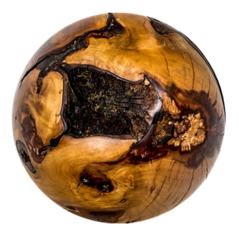 turned dark brown wooden balls with bark inclusions isolated on white