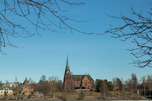 The Church in Umea, Sweden in spring with a clear blue sky.