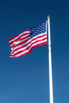 The Flag of the United States of America waving in the wind witha  clear blue sky.