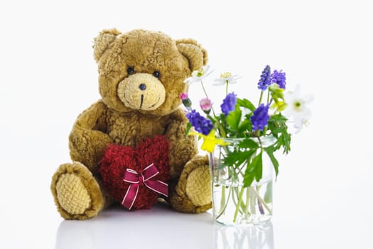 Teddy bear against a white background and flowers in a vase. Spring.