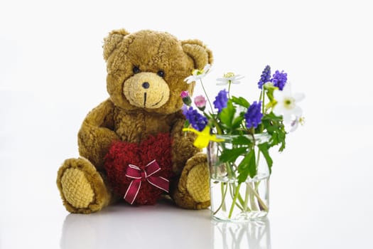 Teddy bear against a white background and flowers in a vase. Spring.