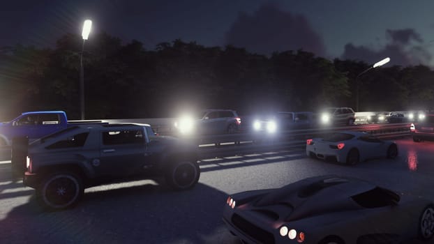 Cars with lights on go through the city at night. Night cars lights and heavy traffic.
