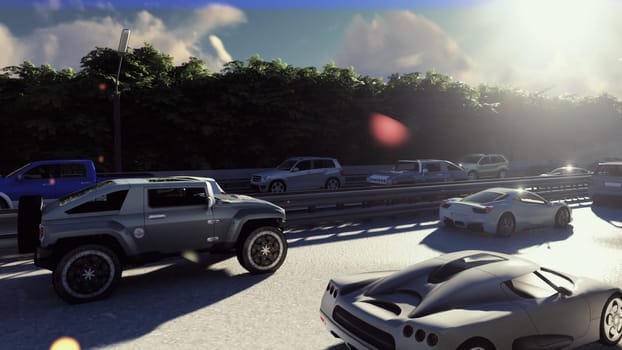 Heavy traffic in the city during the day. Cars entering the city in the morning.
