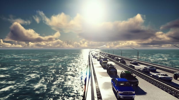 The camera flies over the bridge with heavy traffic. Cars go on the bridge in the afternoon.