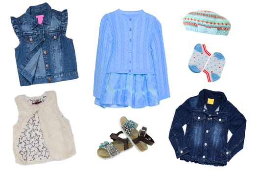 Collage set of little girl summer clothes isolated on a white background. The collection of jeans jacket, a sleeveless jeans vest, shoes, short summer skirt with cardigan, a white fur vest and other accessories. Little girl fashion.