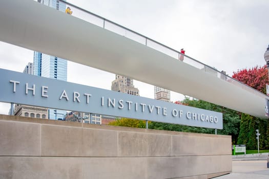 Chicago, IL, USA, October 2016: entrance of the modern wing of the Chicago art institute under the Nichols Bridgeway inside the Millennium park