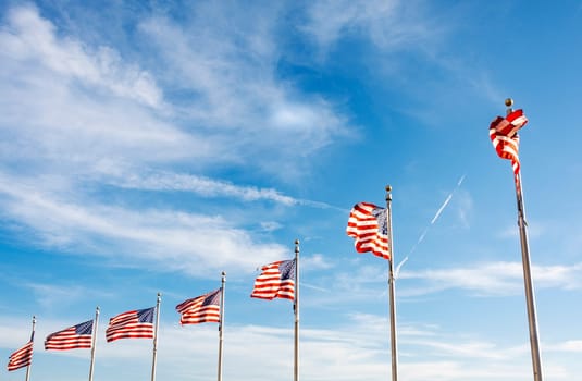 A group of American flags waving on a sunny day. Concept of patriotism and democracy