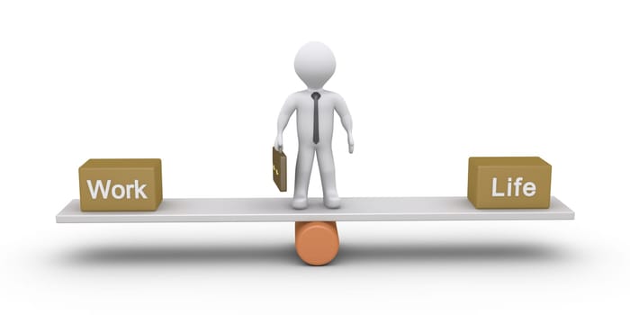 3d businessman is standing at the center of a seesaw with Work and Life boxes at the sides