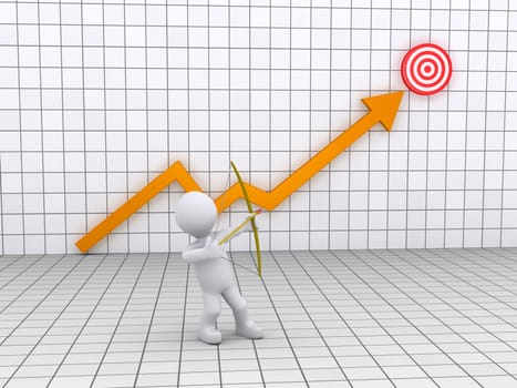 3d person as an archer is aiming at a target on top of a graphic chart