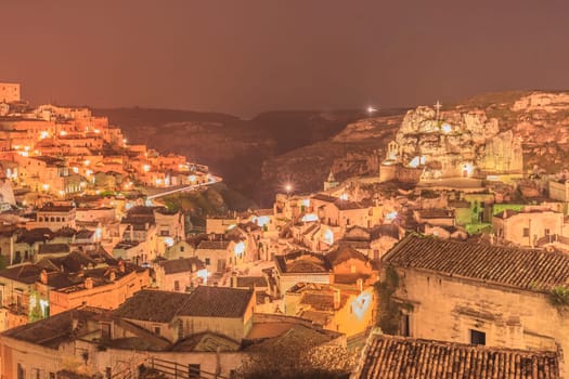 Ancient town of Matera (Sassi di Matera) at night. Italy