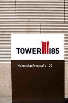 Frankfurt, Germany - April 18, 2019: The modern entrance sign of the skyscraper Tower 185 on April 18, 2019 in Frankfurt.