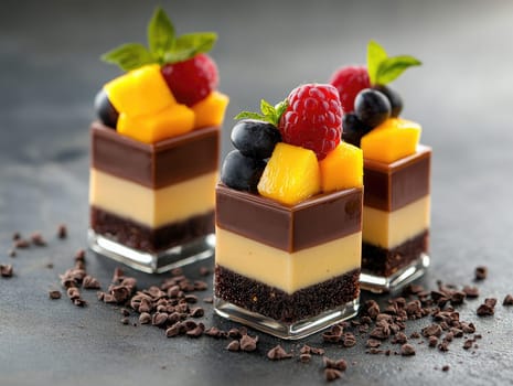 This exquisite dessert features layers of rich chocolate and smooth mango mousse, topped with fresh raspberries, blueberries, and mango chunks. Perfect for any sweet tooth.