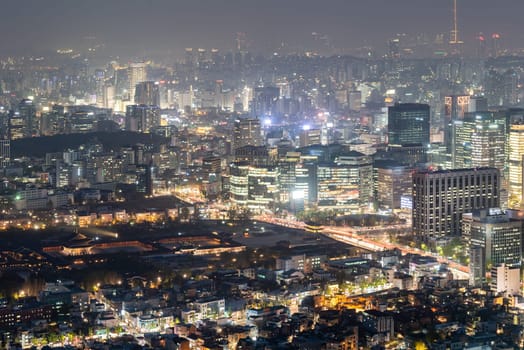 Aerial Sunset and Night view of Seoul Downtown cityscape with Seoul Tower in South Korea