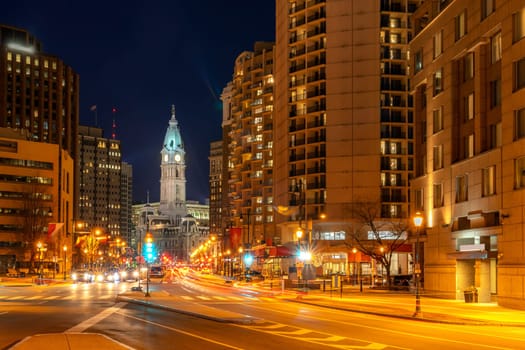 Philladelphia City Hall Clock Tower in Philladelphia, Pennsylvania, USA. Sunset