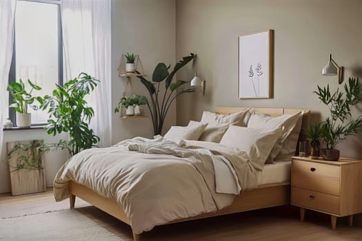 A cozy bedroom bathed in soft morning light features lush plants, a warm wooden bed, and calming neutral tones that inspire serenity.