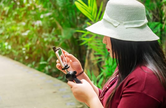Social network and photography concept, Women with smart phone mobile on blurred background