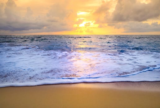 Beach sunset or sunrise with colorful of cloud sky and sunlight in twilight