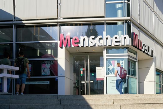 Entrance to the Menschen Museum by Gunther von Hagens at Alexanderplatz in Berlin. The museum is very controversial because preserved dead people are exhibited in it.
