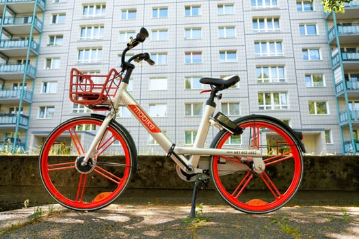 Bicycle of Chinese company Mobike in downtown Berlin. Mobike is one of the largest providers of rental bicycles and is active in many countries.