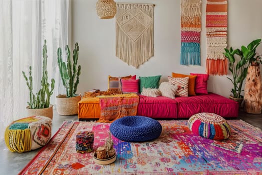 A vibrant living room features bohemian decor with colorful cushions, patterned rugs, and lush houseplants soaking up sunlight.