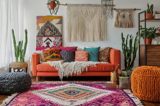 Colorful bohemian living room showcases a cozy orange sofa adorned with artistic cushions, surrounded by lush greenery and vibrant textiles.