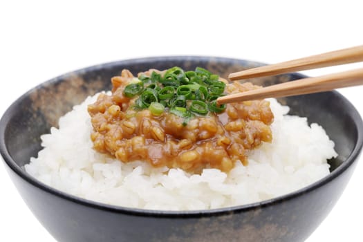 Japanes food, cooked white rice with Moromi miso on white background