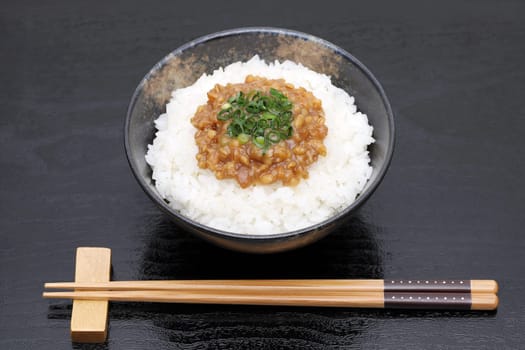 Japanese white rice and Moromi miso on a bowl