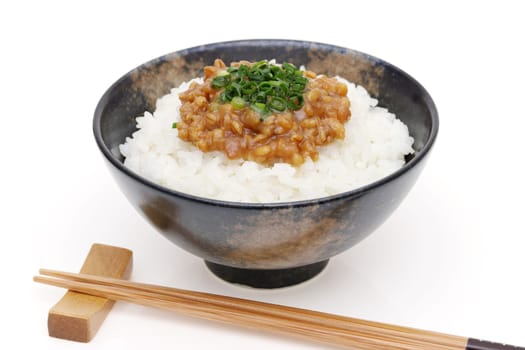 Japanese food, Moromi miso on white rice, on white background
