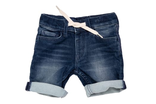 Jeans shorts isolated. Trendy stylish short jeans pants with white ribbon for child boy isolated on a white background. Fashionable denim short pants.