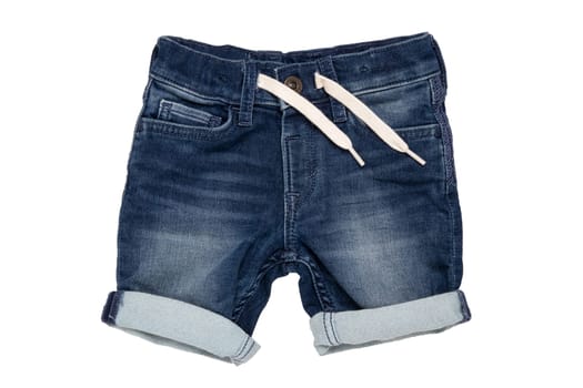Jeans shorts isolated. Trendy stylish short jeans pants with white ribbon for child boy isolated on a white background. Fashionable denim short pants.