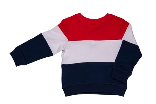 Spring and autumn children clothes. A red white blue striped cozy warm sweater or pullover isolated on a white background. Winter fashion for child boy.