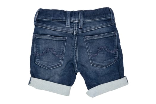 Jeans shorts isolated. Trendy stylish short jeans pants with white ribbon for child boy isolated on a white background. Fashionable denim short pants. Back view.