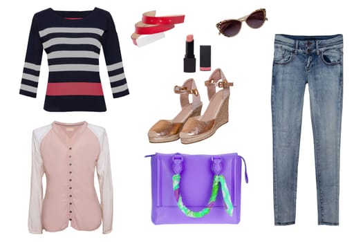 Collage woman clothes. Set of stylish and trendy women jeans, blouse or shirt, golden shoes, a handbag and other accessories isolated on a white background. Latest fashion trends.