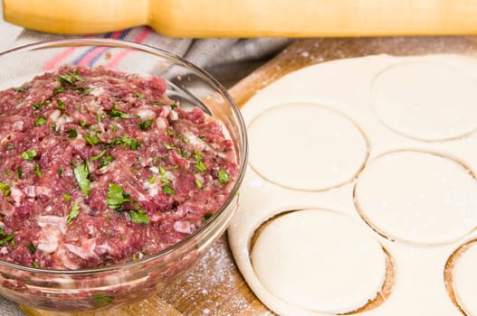 fresh raw dough and beef mince for cooking culinary products