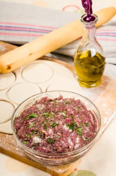 fresh raw dough and beef mince for cooking culinary products