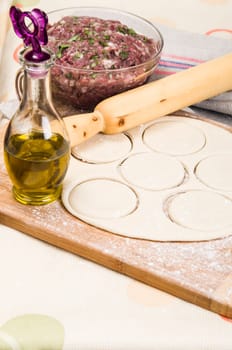 fresh raw dough and beef mince for cooking culinary products