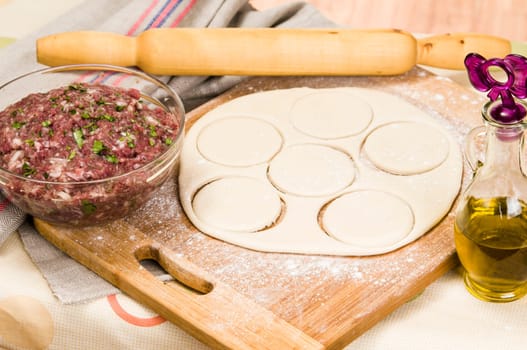 fresh raw dough and beef mince for cooking culinary products