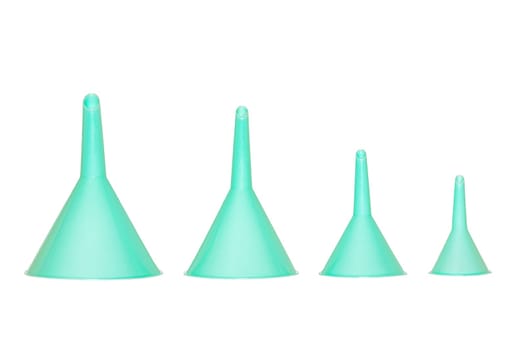 Funnel isolated. Closeup of four turquoise plastic funnels of different sizes isolated on a white background. Macro.