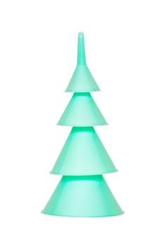 Funnel isolated. Closeup of four turquoise plastic funnels of different sizes isolated on a white background. Macro.