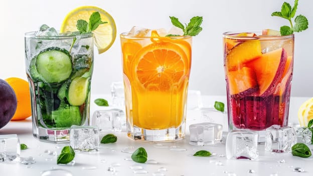 Three vibrant cocktails feature blended fruits and vegetables, garnished with fresh herbs. Ice cubes enhance their refreshing look, creating a colorful drink display.