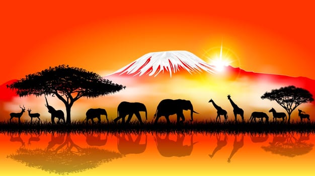 Silhouettes of wild animals of the African savanna.