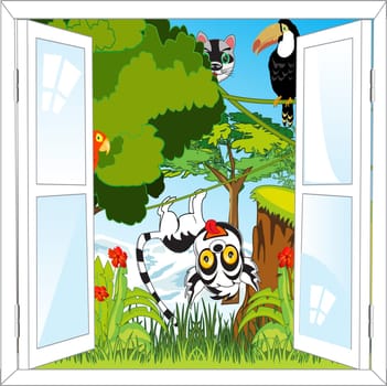 Vector illustration open window and tropical jungle in with flora and fauna