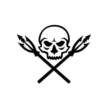 Mascot icon illustration of human skull with crossed primitive fishing spear hooks viewed from front  on isolated background in retro style.