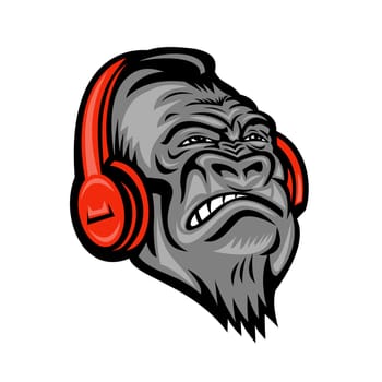 Mascot icon illustration of head of an angry gorilla or ape wearing a red headphones listening to music looking up viewed from front on isolated background in retro style.