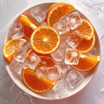 Slices of fresh oranges are placed among clear ice cubes in a shallow white dish. The colorful presentation evokes a sense of summer freshness and enjoyment.