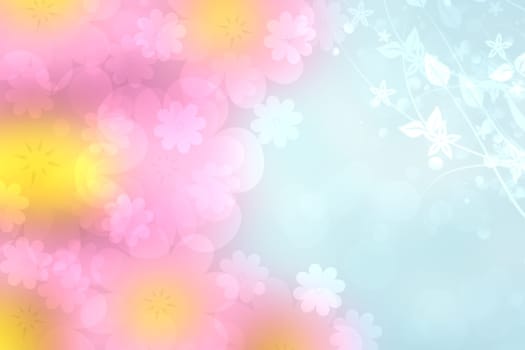 Abstract blurred vivid spring summer light delicate pastel pink blue bokeh background texture with bright soft color cherry blossoms and flowers. Card concept. Beautiful backdrop illustration.