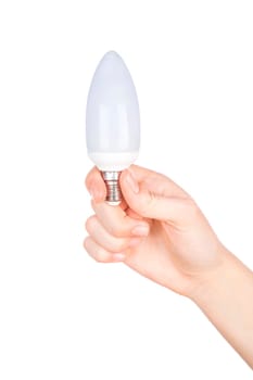 Female hand holding a light bulb on white background